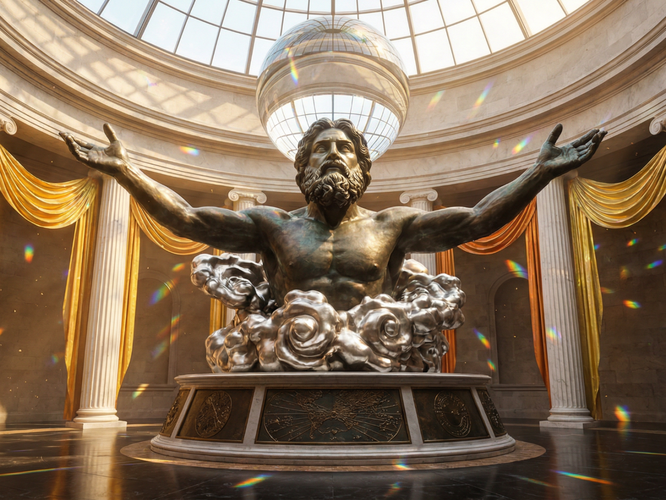Bronzene Statue eines majestätischen Mannes mit ausgebreiteten Armen in einem prunkvollen Raum.