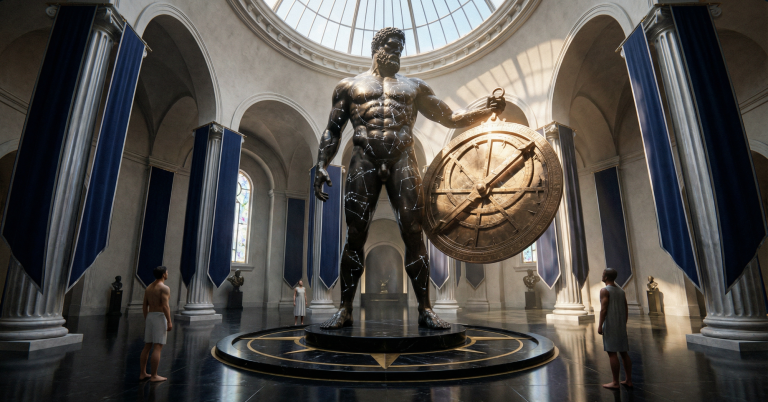 Coeus, the Titan of primordial intelligence and the Celestial North Pole, is the axis of the world and the essence of Capricorn's rigorous discipline. As a son of Uranus and Gaia and one of the four cosmic pillars, he prevents the universe from collapsing. He, married Phoebe, is the father of Leto and Asteria, and grandfather to Apollo and Artemis, linking him to order, reason, and the moon. Statuette eines antiken Kriegers mit Schild, umgeben von Säulen in einem prächtigen Innenraum.