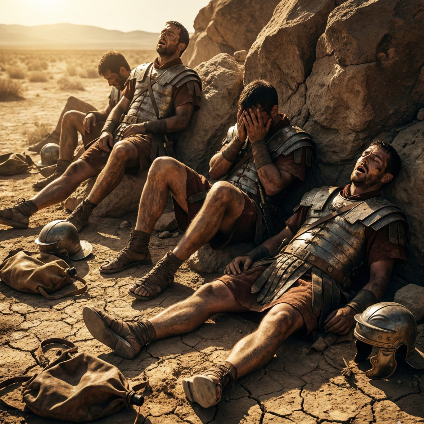 Römische Soldaten sitzen erschöpft auf dem Boden in wüstenartiger Landschaft.