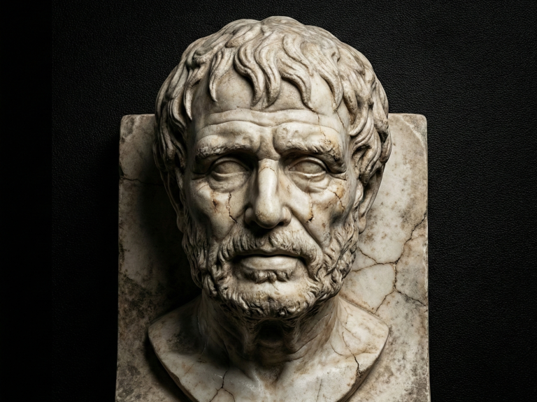 Lucius Annaeus Seneca, genannt Seneca der Jüngere, war ein bedeutender römischer Philosoph, Dramatiker und Staatsmann, dessen Werk die Epoche der Stoa maßgeblich prägte. Büste eines greisen Mannes mit Bart, aus marmorähnlichem Material, dramatische Lichtsetzung.