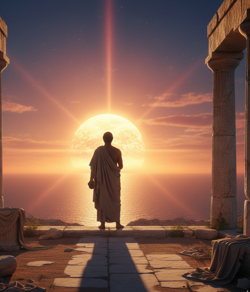 Platon: Kosmologie und Naturphilosophie. Der "Timaios" Eine silhouetteartige Figur steht zwischen Säulen und betrachtet einen Sonnenuntergang.