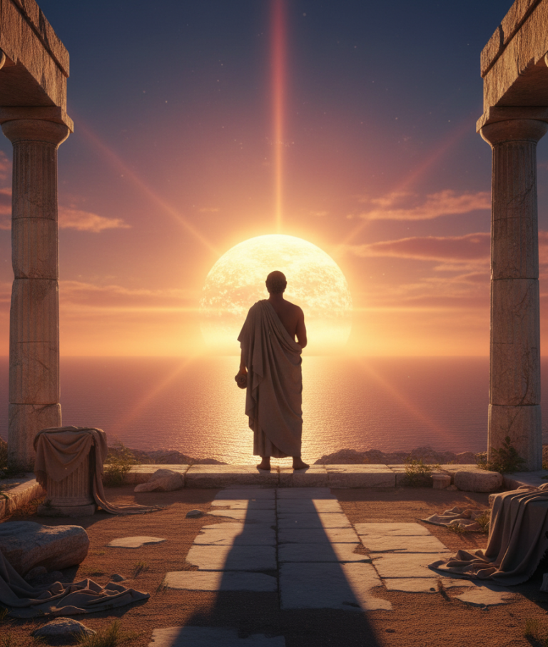 Platon: Kosmologie und Naturphilosophie. Der "Timaios" Eine silhouetteartige Figur steht zwischen Säulen und betrachtet einen Sonnenuntergang.