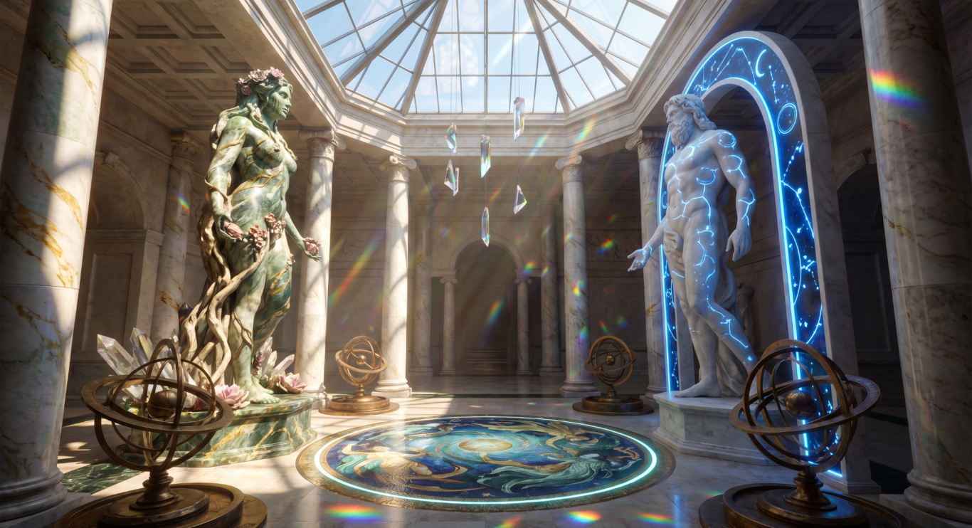 Ein prächtiger Saal mit antiken Statuen und futuristischen Lichteffekten.