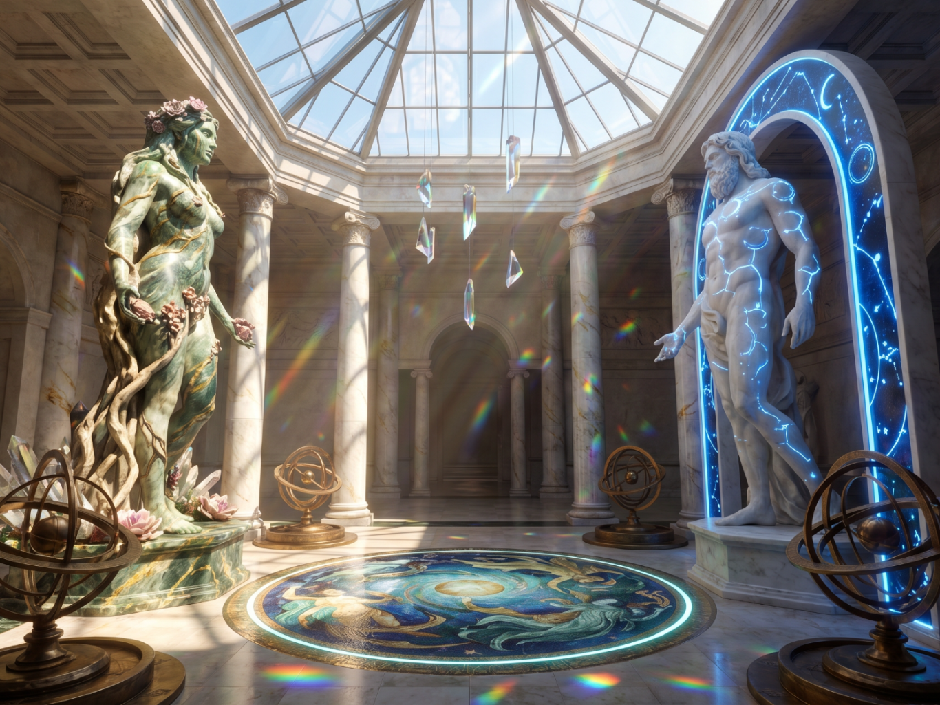 Räumliche Darstellung eines glänzenden, futuristischen Kreises mit zwei Figuren in einem Tempel.