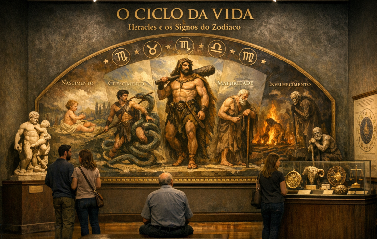 Besucher betrachten ein Wandgemälde mit mythologischen Figuren und dem Titel "O Círculo da Vida".