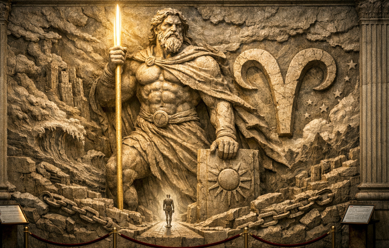 When the heavens require a pulse, Kreios emerges—the Titan who initiates the rhythm. It is at this juncture, that this force introduces cadence, repetition, and cyclical orientation into the cosmos. Through him, the universe ceases to be mere expansion and begins to move according to recognizable markers. At his core burns the impulse of Aries—the energy that inaugurates, breaks through inertia, and begins organized motion. Sculpturale Darstellung eines mächtigen Gottes mit einem Schild und einem Leuchter.