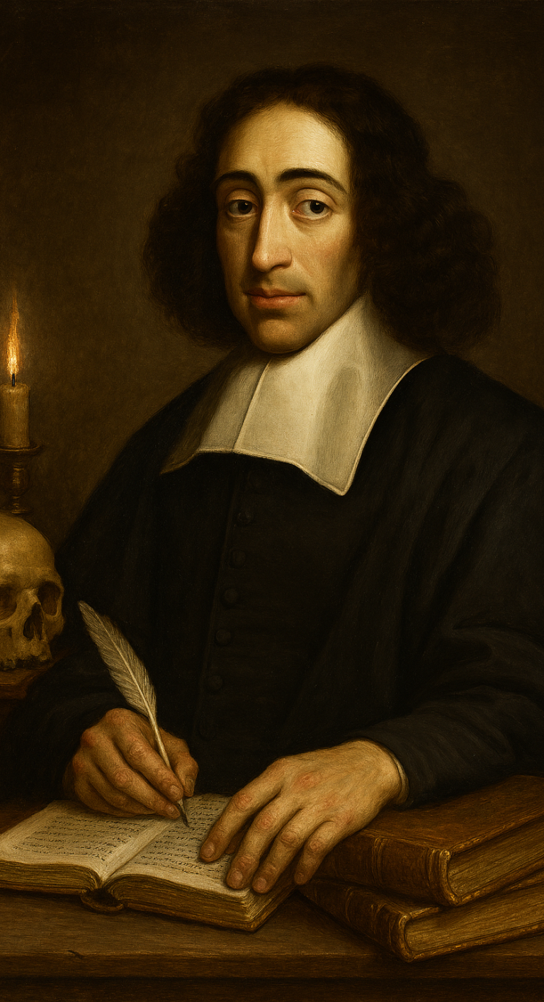 Baruch de Spinoza| Die Metaphysik. "Substanz und die Ethik der Vernunft" Porträt eines Mannes mit Kerze, Schreibutensilien und einem Totenschädel.