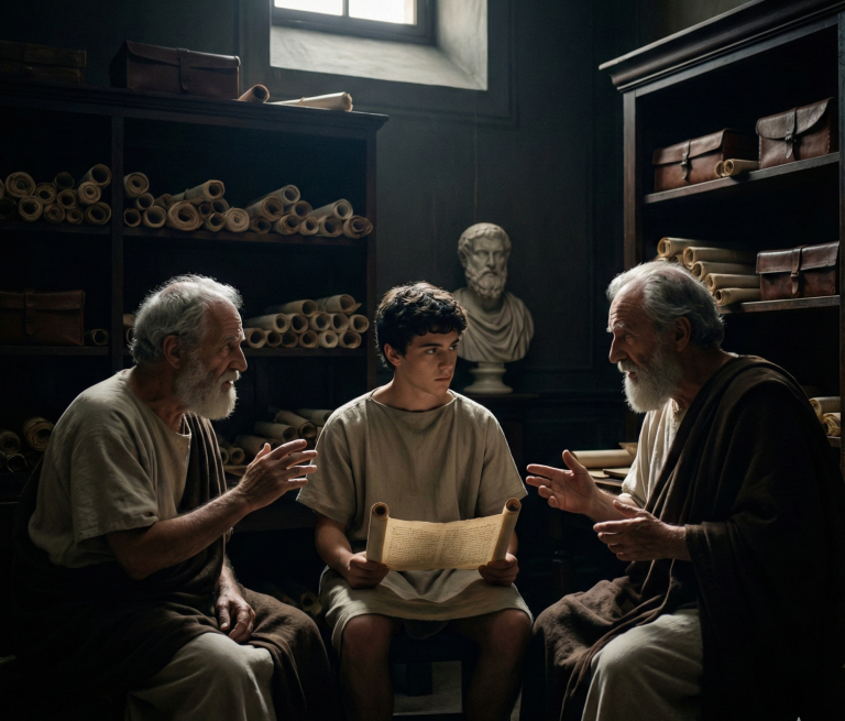 Marcus Aurelius: Die formative Phase - Erziehung und Hinwendung zur Philosophie (138–161 n. Chr.) Drei Personen in einem Raum voller Schriftrollen, die lebhaft über ein Dokument diskutieren.