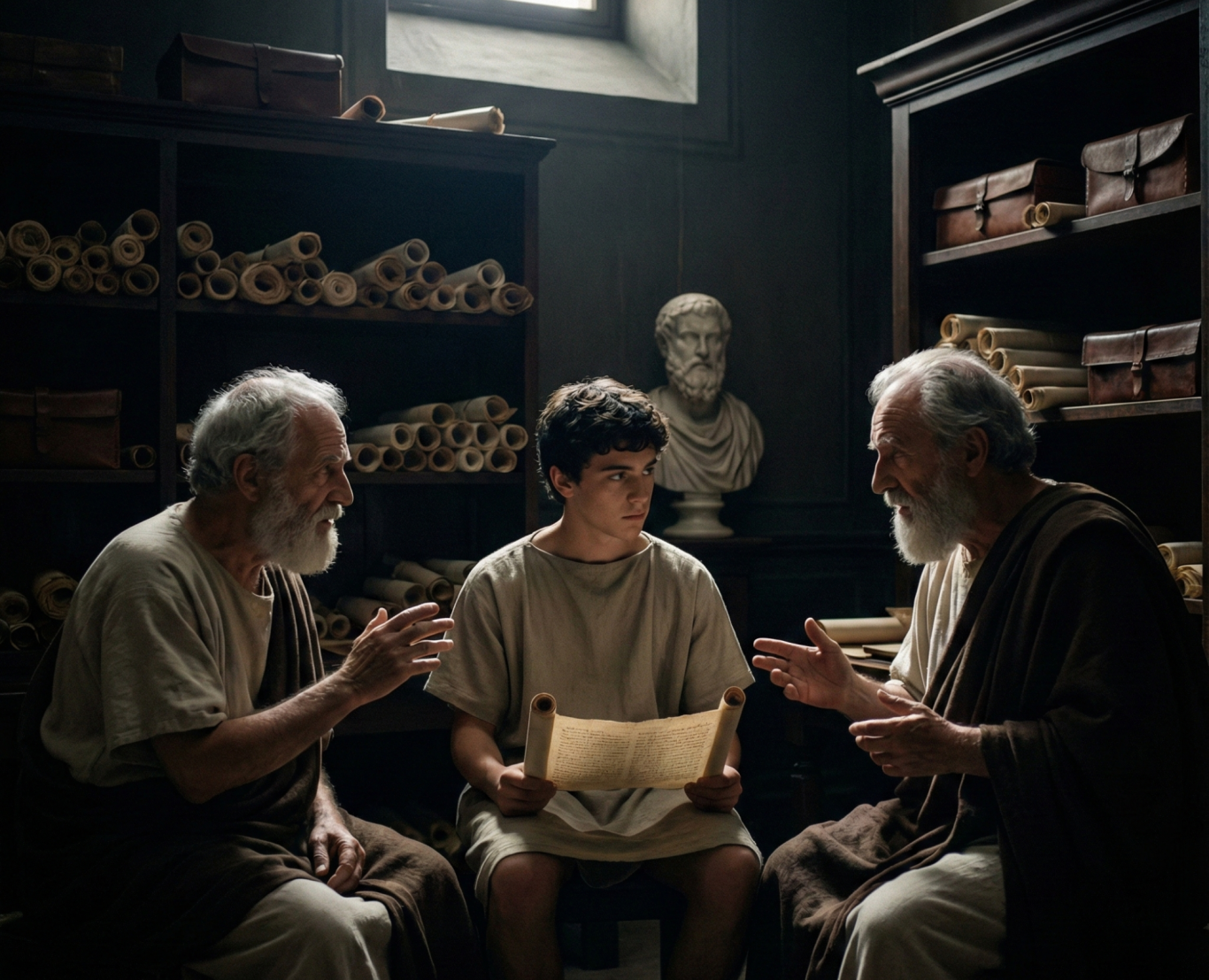 Drei Personen in einem Raum voller Schriftrollen, die lebhaft über ein Dokument diskutieren.