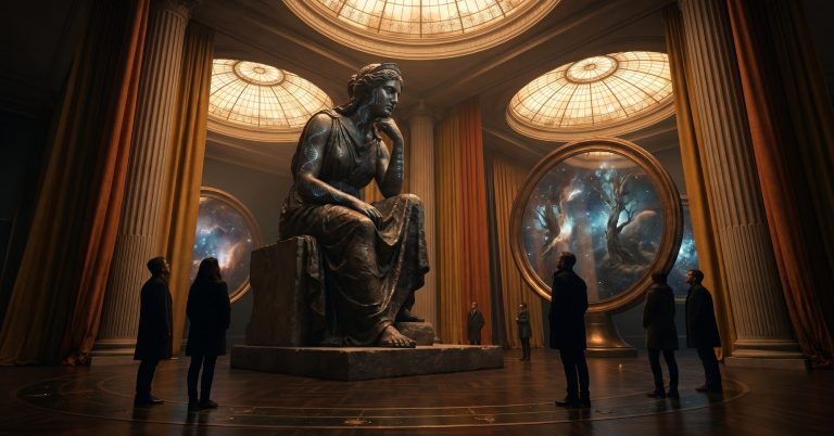 Her function is not limited to storage; it also enables articulation. Mnemosyne is the Titan who allows thought, to condense into words, symbols to gain continuity, and knowledge to circulate among minds. Eine Statue in einem Museum, umgeben von Besuchern und beleuchtet von großen Fenstern.