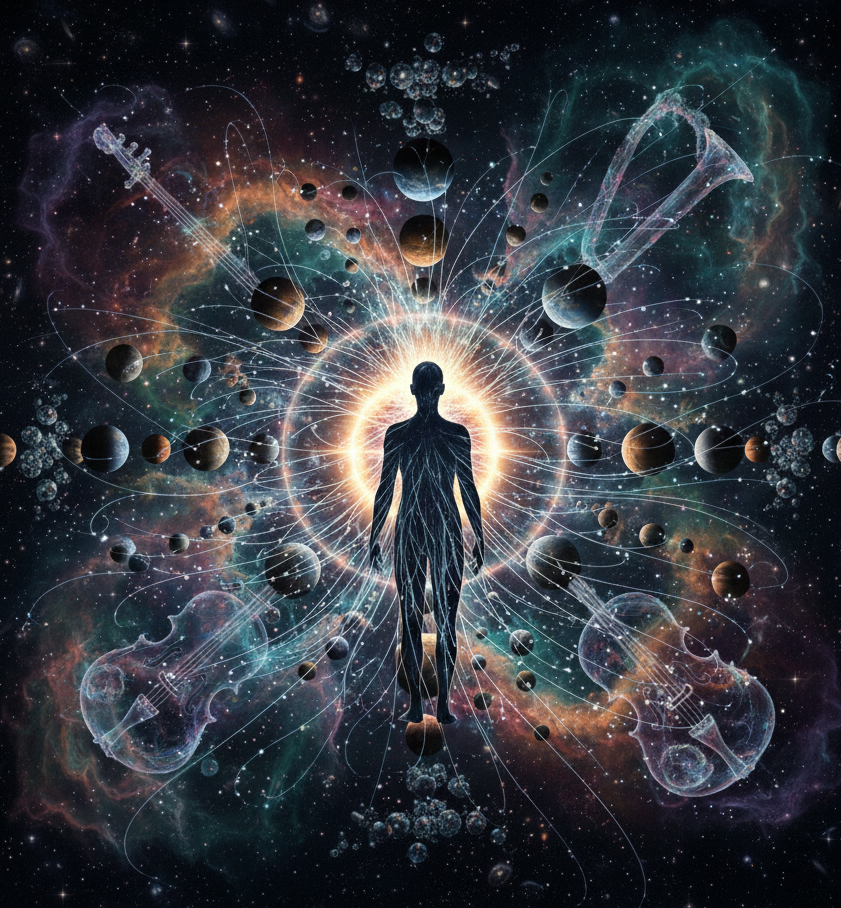 Platon, die konstruktive Metaphysik Eine silhouettierte Figur im Zentrum, umgeben von Planeten und wissenschaftlichen Symbolen.