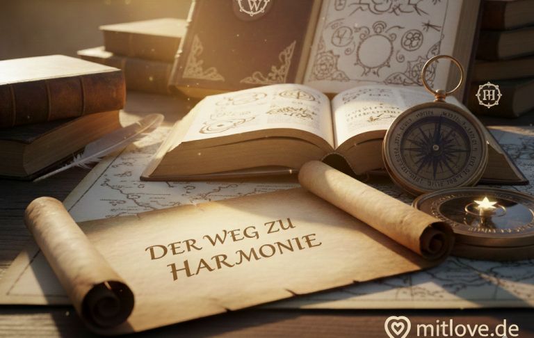 O caminho para a Harmonia começa dentro de cada um de nós Offenes Buch mit der Aufschrift „Der Weg zu Harmonie“ und einer Kompassrose im Hintergrund.
