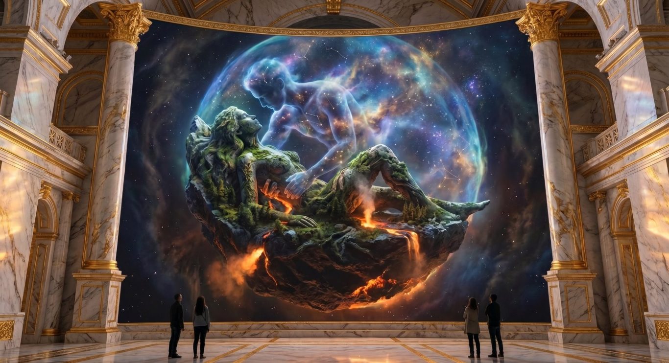 Wandgemälde mit einer fantastischen Welt und Figuren in einer eindrucksvollen Halle.