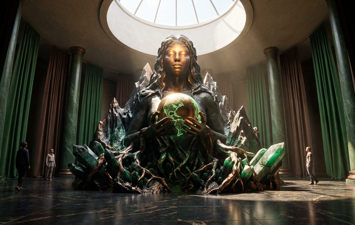 Gigantische Statue eines Löwen aus grünen Kristallen in einem prunkvollen Raum.