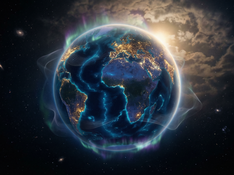 Globus der Erde mit leuchtenden Kontinenten vor einem sternenklaren Hintergrund.