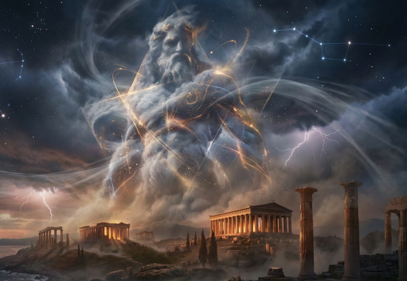 Majestätische Wolken formen Zeus über antiken Ruinen unter einem sternenklaren Himmel.