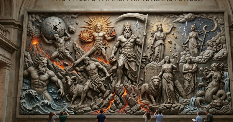 Relief mit mythologischen Figuren, Kriegern und symbolischen Elementen, dramatische Szene.