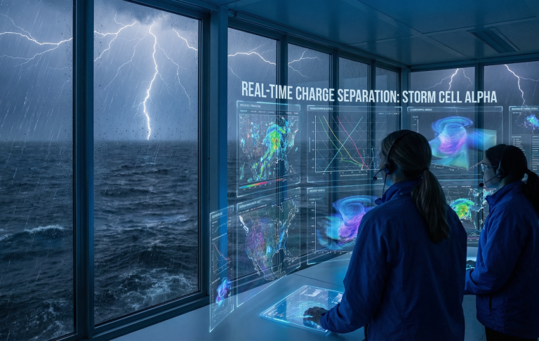 Zwei Personen betrachten auf Displays Wetterdaten während eines Gewitters.