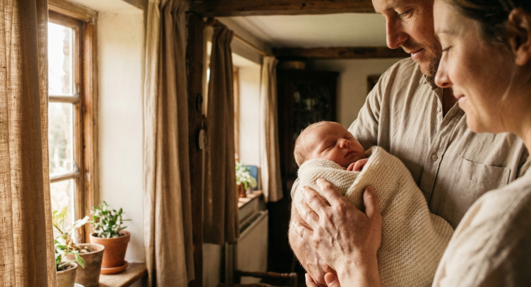 Ein Elternpaar hält ein neugeborenes Baby in einer gemütlichen Innenraumumgebung.