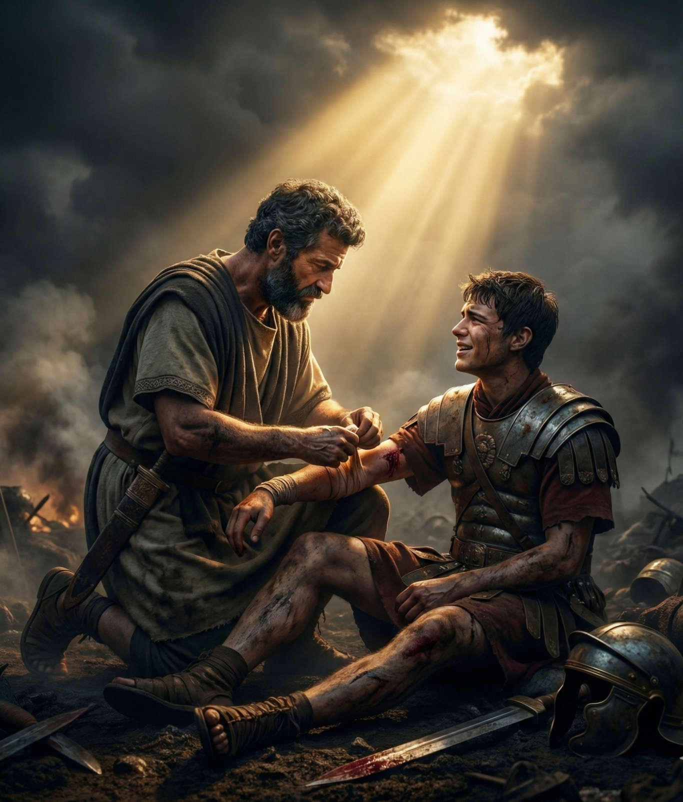Ein Krieger verarztet einen verwundeten Soldaten unter einem strahlenden Licht.