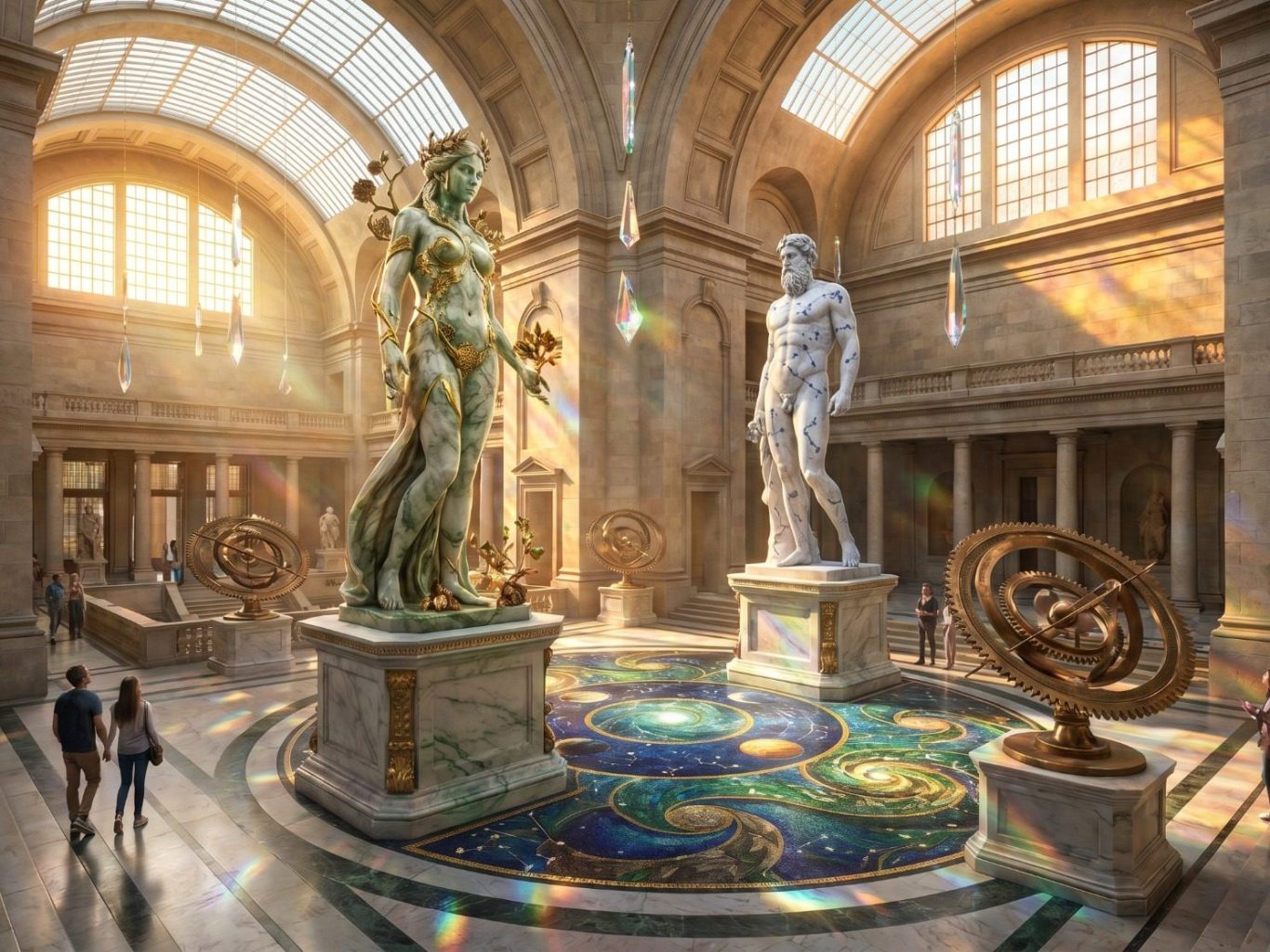Großer Raum mit Statuen, buntem Mosaik und Sonnenlicht durch hohe Fenster.