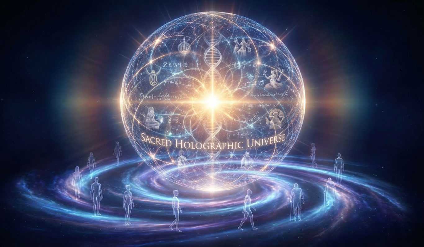 Leuchtende, spiralförmige Energie um eine strahlende, symbolreiche Glaskugel.