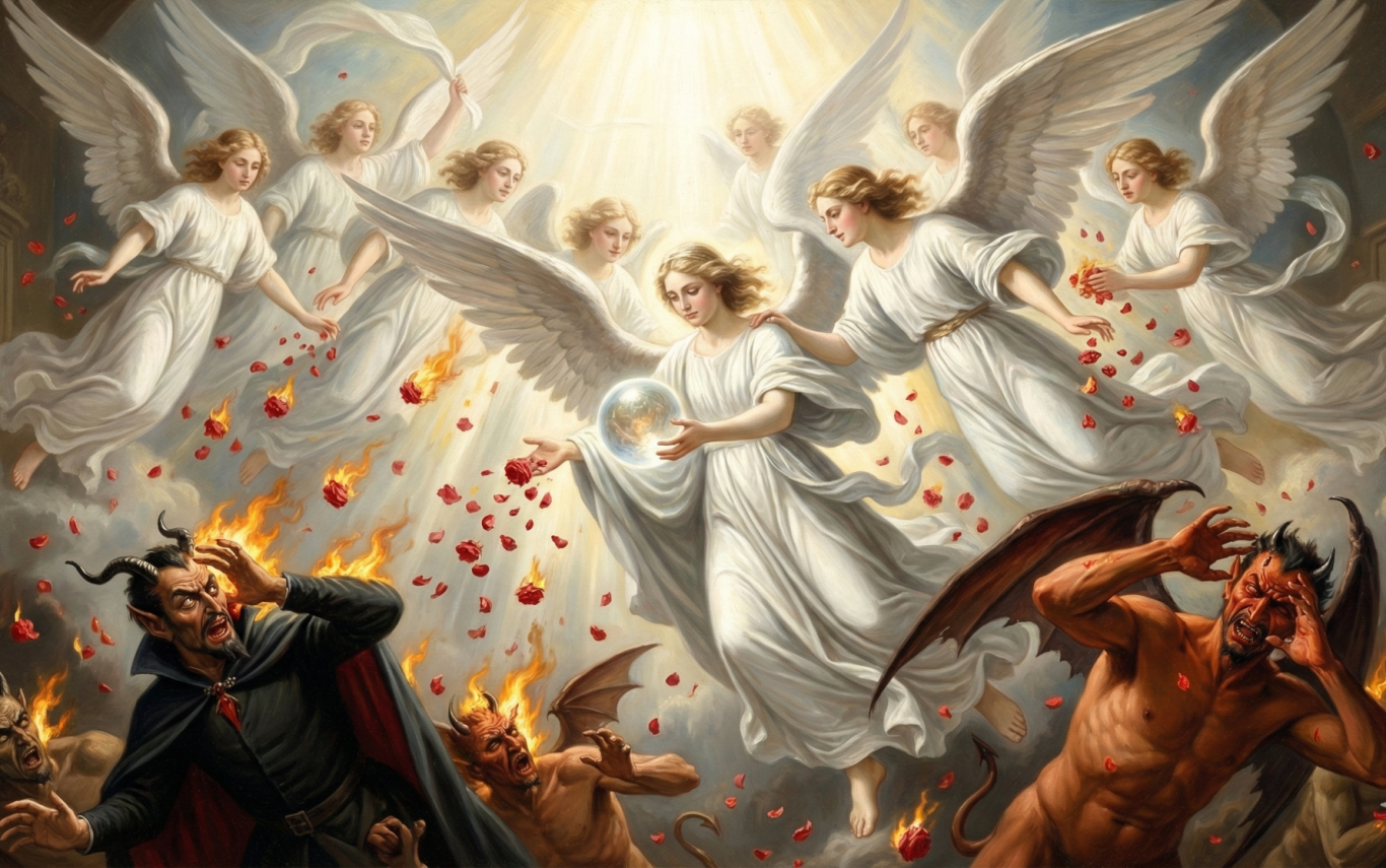Engel betreuen einen verwirrten Dämon, während Licht und Rosenblätter herabfallen.