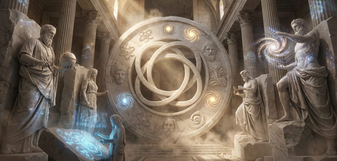 Alter tempel mit Statuen, einem großen Portal und leuchtenden Symbolen in mystischer Atmosphäre.