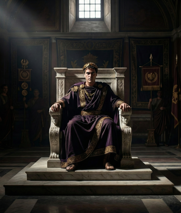 Marcus Aurelius und das Problem Commodus Männlicher Herrscher in prunkvollem Gewand sitzt auf majestätischem Thron.