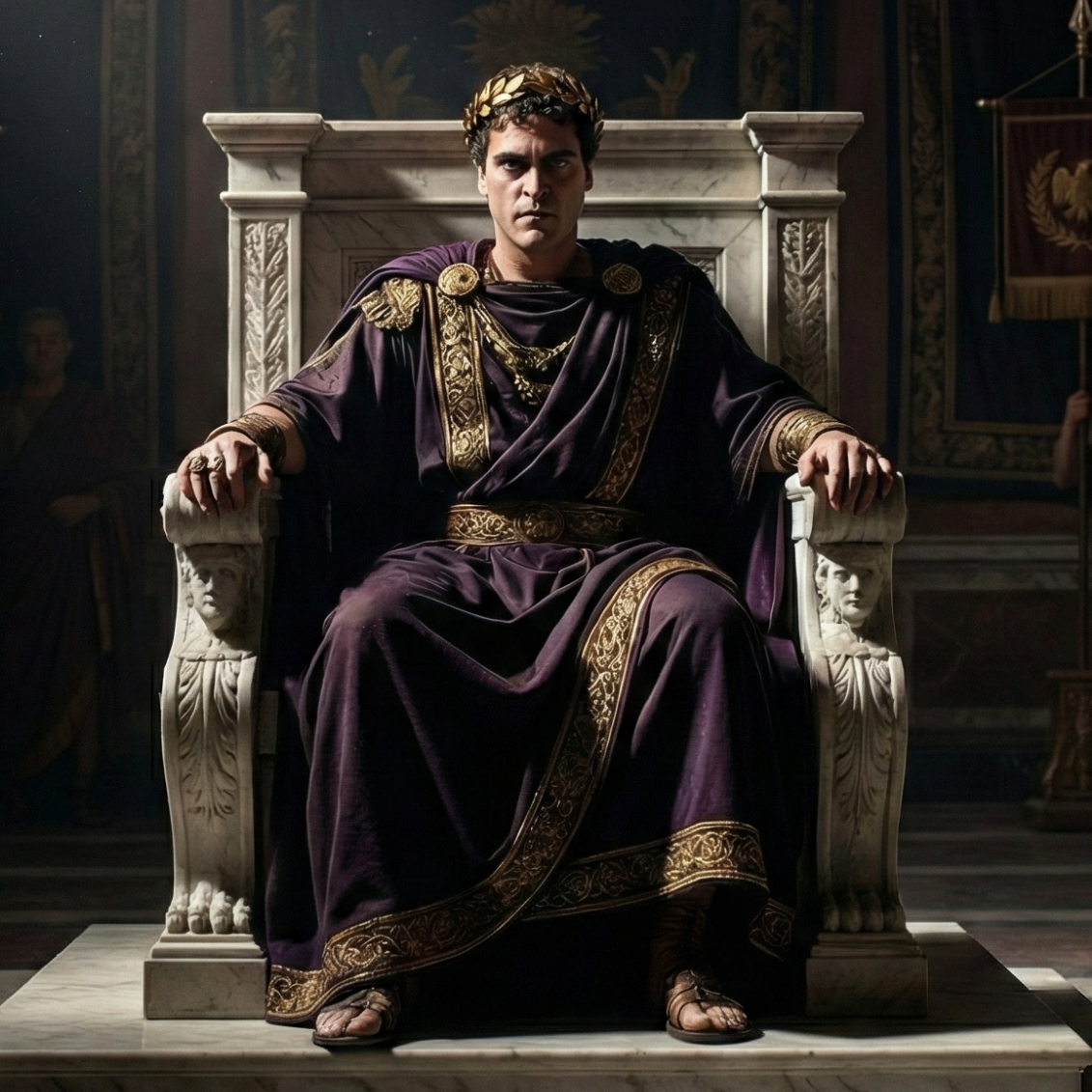 Männlicher Herrscher in prunkvollem Gewand sitzt auf majestätischem Thron.