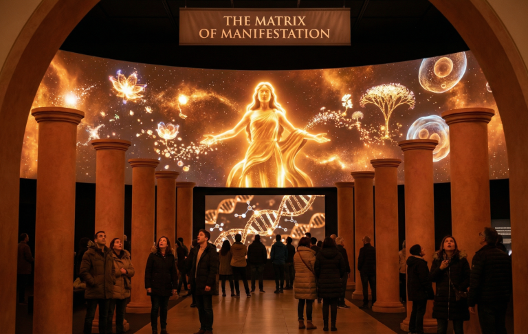 Ein Raum mit Projektionen, die eine kreative Manifestation darstellen, umgeben von Besuchern.