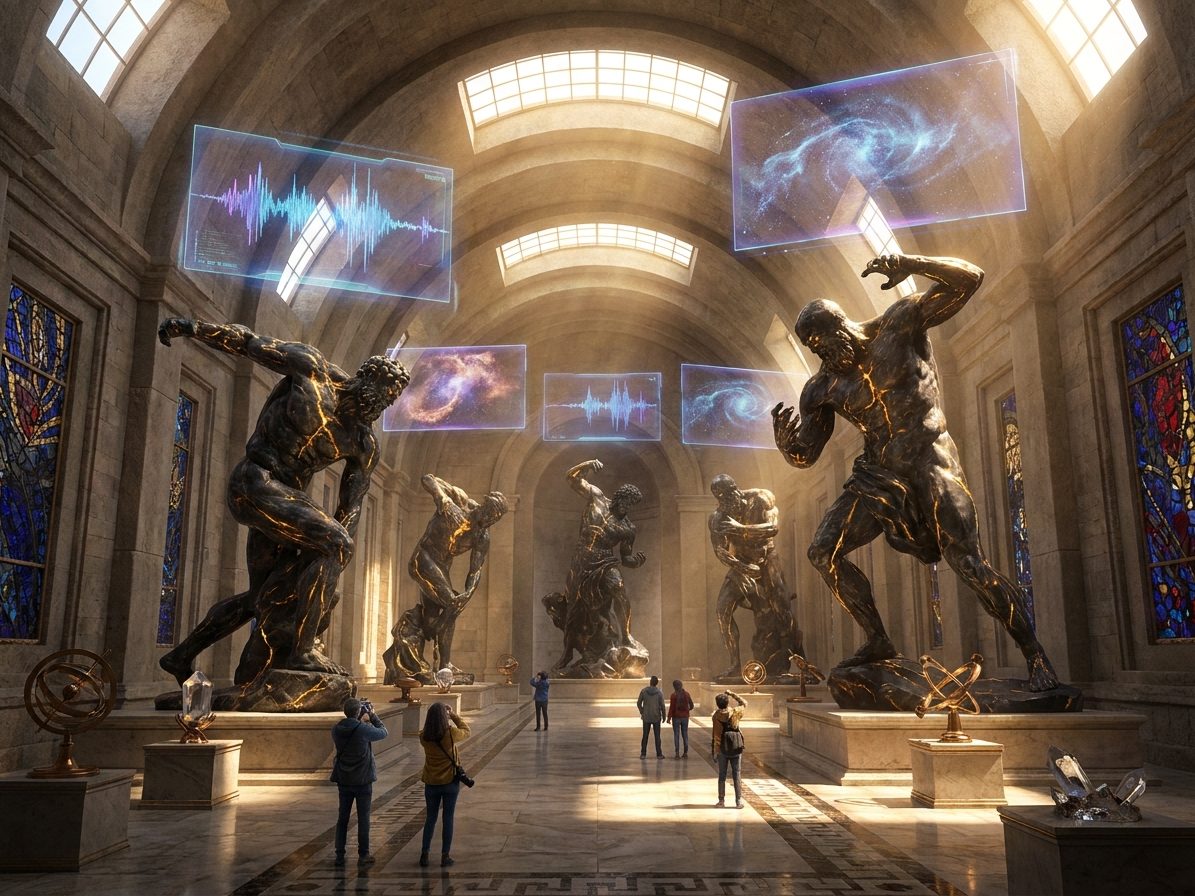 Ein beeindruckender Hallenraum mit großen Statuen und holografischen Projektionen.