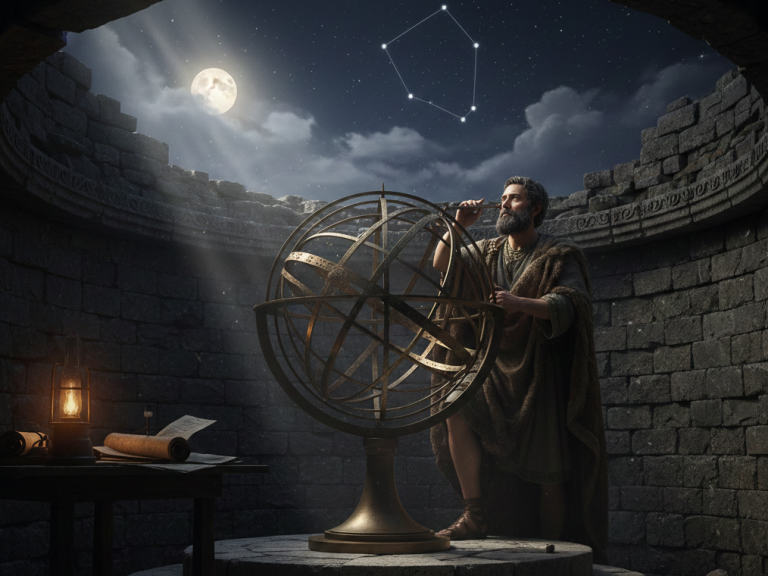 Ein Antiker Astronom mit einem Armillarsphere, beleuchtet von Mondlicht.