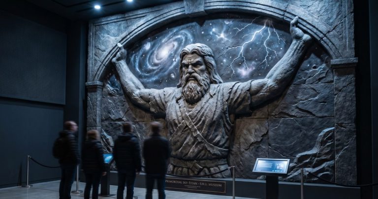 Coeus, the Titan of primordial intelligence and the Celestial North Pole, is the axis of the world and the essence of Capricorn's rigorous discipline. Relief eines mächtigen Gottes vor Besuchern in dunkler Ausstellung.