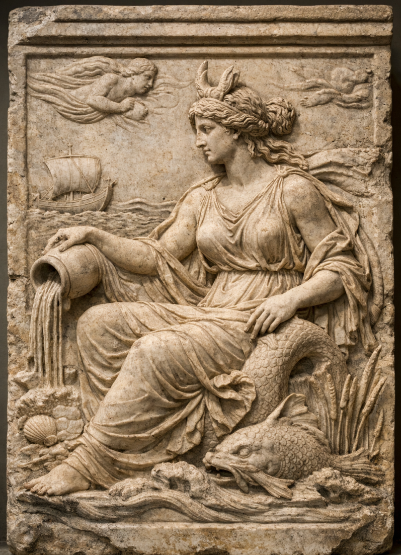 Symbolizes Buddhi (Divine Intelligence) in the Aquatic Matrix, distributing vital force. Transmutation requires using emotional fluidity as conscious nourishment (universal compassion), not chaos. Reliefdarstellung einer sitzenden Frau mit einem Krug, umgeben von Wasser symbolisierenden Elementen.