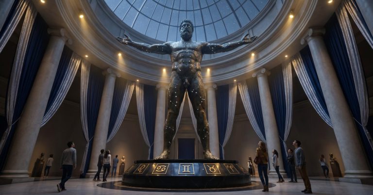 He is the Titan who architected the stellar structure, marking the first cosmic rhythm and dividing time. He is astronomical periodicity, the unyielding metronome of the cosmos, embodying the pure, elemental force that breaks chaos and initiates the law of repetition. Eine große Statue eines Menschen in einer eleganten Halle mit Säulen und Vorhängen.