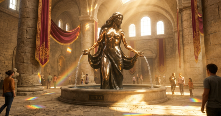 Personifies fertile waters penetrating the earth (inner source/infiltration), irrigating soil and awakening life. She symbolizes water's generative capacity. Brunnen mit einer Statue einer Frau in einem lichtdurchfluteten, historischen Raum.