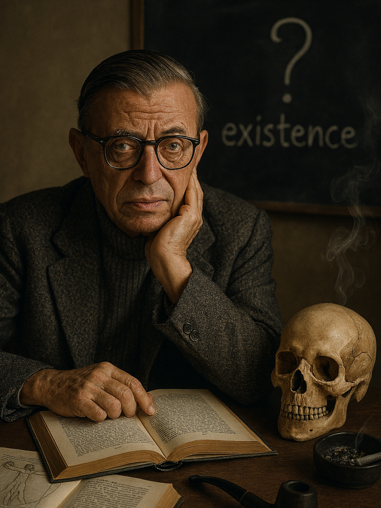 Jean-Paul Sartre | Der Existenzialist - "Wahre Freiheit" Mann mit Brille und nachdenklichem Ausdruck, hinter ihm steht „Existenz?“ geschrieben.