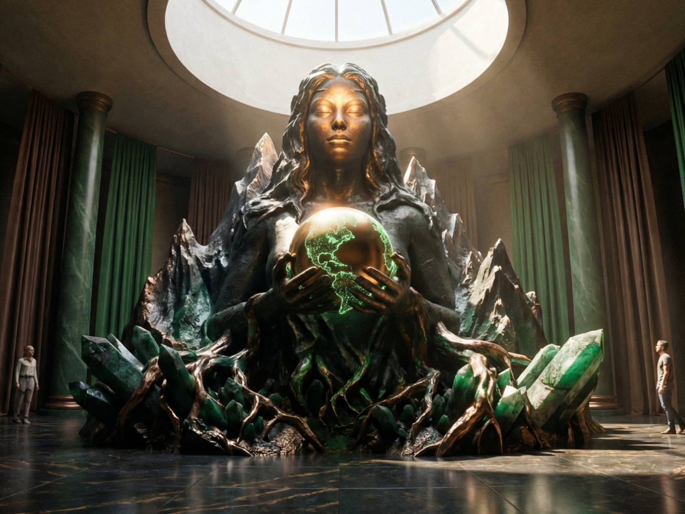 Große Statue mit goldener Kugel, umgeben von Kristallen und dunkler Architektur.
