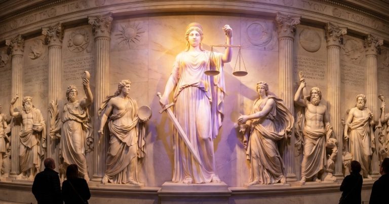 Themis, the embodiment of Divine Law and cosmic symmetry, is the living, sensitive scale that harmonizes tensions and preserves the universe's cohesion. Born of Uranus and Gaia, she precedes power, personifying the structural order that upholds the cosmos. Skulptur der Justitia umgeben von kriegerischen Figuren in einem hell erleuchteten Raum.