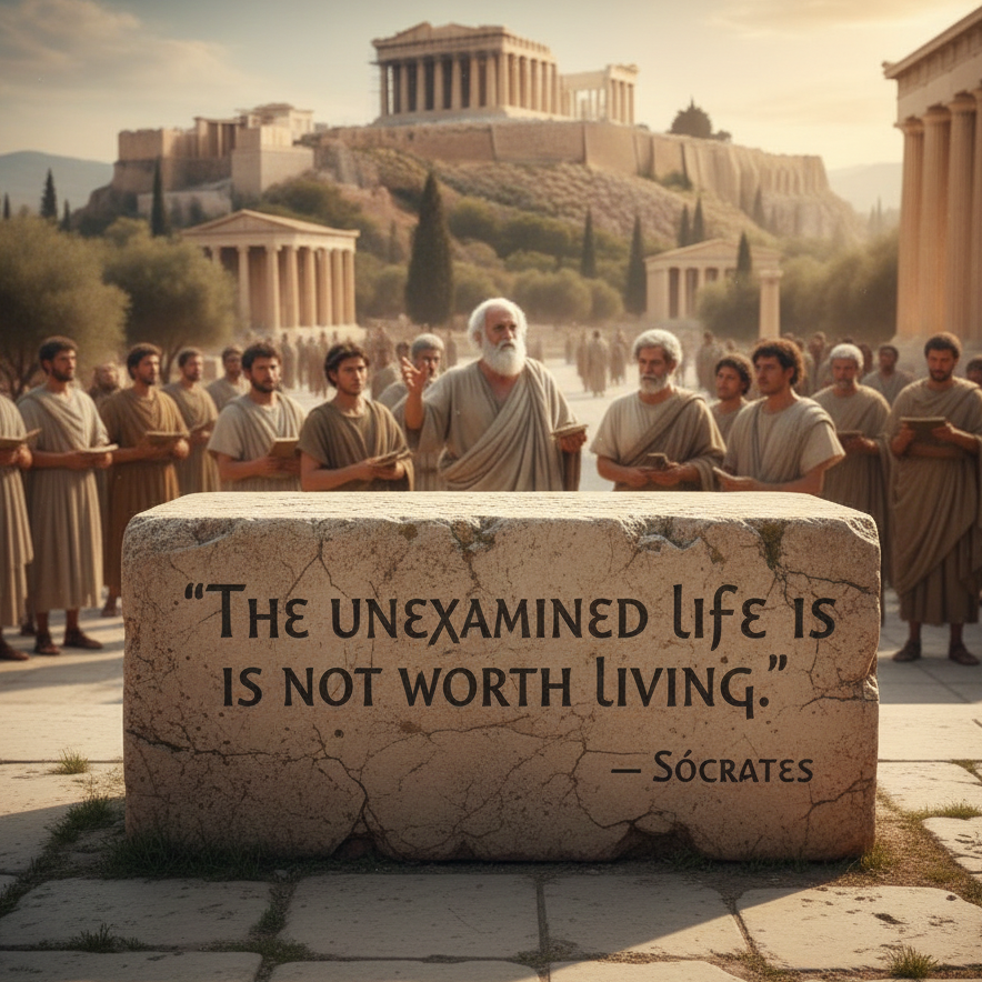 Sokrates schrieb selbst nichts; sein Wirken bestand im lebendigen Dialog auf dem Marktplatz (Agora). Der griechische Philosoph Sokrates spricht zu einer Menschenmenge vor einem Stein mit seinem Zitat.