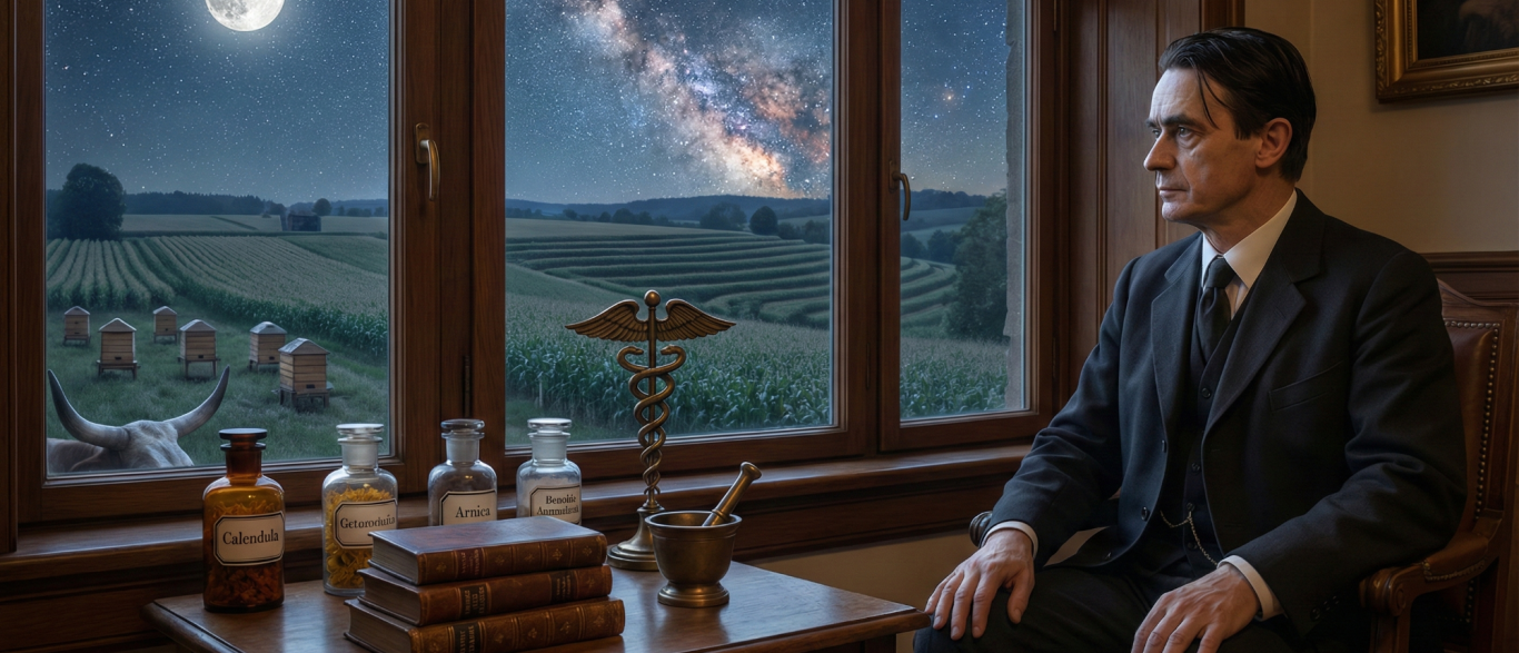 Rudolf Steiners Werk ist ein monumentaler: Versuch, die Spaltung der modernen Welt zu überwinden. Seine Lehren fordern den Menschen auf, Verantwortung zu übernehmen – für das eigene Denken, für die soziale Gemeinschaft und für die Natur. Mann in Anzug sitzt am Fenster mit Blick auf eine Landschaft und den Sternenhimmel.