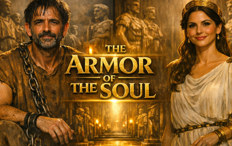 Mann und Frau stehen vor antiken Statuen, Titel "The Armor of the Soul" sichtbar.