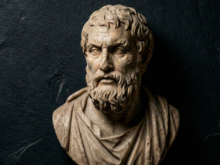 Epiktet (ca. 50–135 n. Chr.) stammte aus Phrygien ehemals als Sklave. Trotz seiner sozialen Herkunft und körperlicher Gebrechen studierte er Philosophie in Rom. Er bewies durch sein eigenes Leben, dass wahre Freiheit eine unbezwingbare Qualität des menschlichen Geistes ist. Büste eines älteren Mannes mit Bart und bedenklichem Ausdruck, in klassischem Stil.