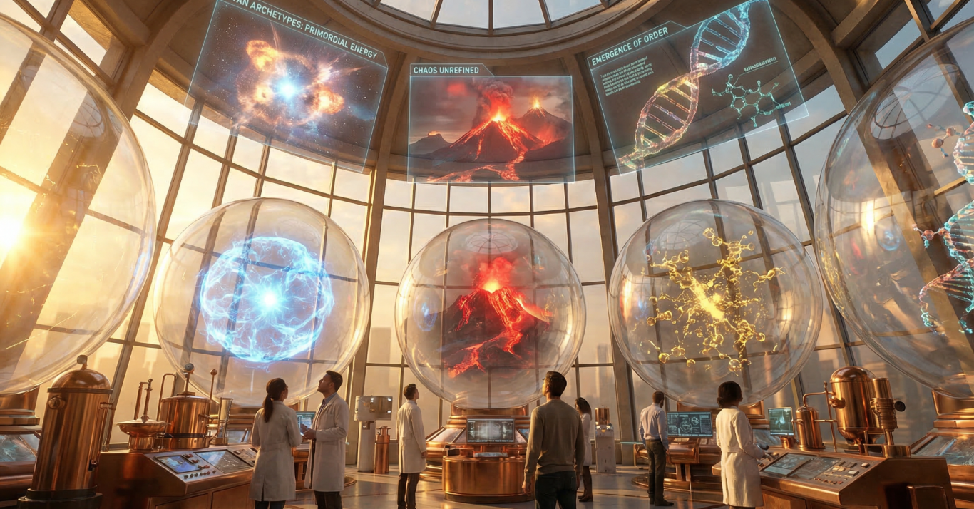 Forschungsraum mit Wissenschaftlern und holographischen Darstellungen von Teilchen.