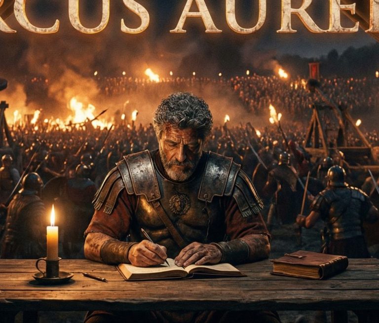 Marcus Aurelius - der administrativen Maßnahmen und des philosophischen Vermächtnisses dieses Kaisers. Mann in historischer Kleidung vor Säulen, mit einem nachdenklichen Ausdruck.