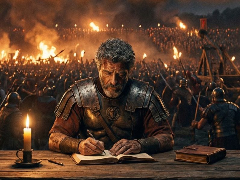 Mann in historischer Kleidung vor Säulen, mit einem nachdenklichen Ausdruck.