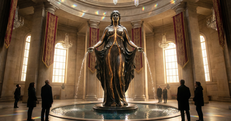 Eine monumentale Statue in einem lichtdurchfluteten Raum mit Menschen umher.