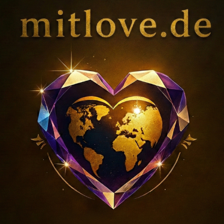 Indem man Liebe und Integrität praktiziert, profitiert der Einzelne nicht nur persönlich, sondern trägt aktiv zur Anhebung der kollektiven Frequenz bei. Logo von mitlove.de, Herz aus Edelsteinen mit einer Weltkugel in der Mitte.