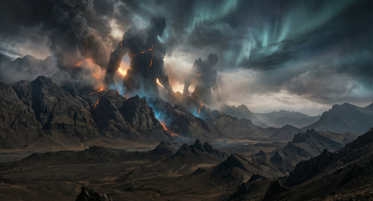 Dramatische Vulkanlandschaft mit glühenden Eruptionen und schimmernden Polarlichtern.